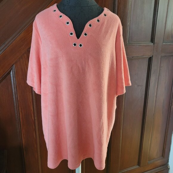 Quacker Factory Coral Terrycloth Top W/Metal Grommet Neckline 1X Short Sleeve Wo - Picture 1 of 6